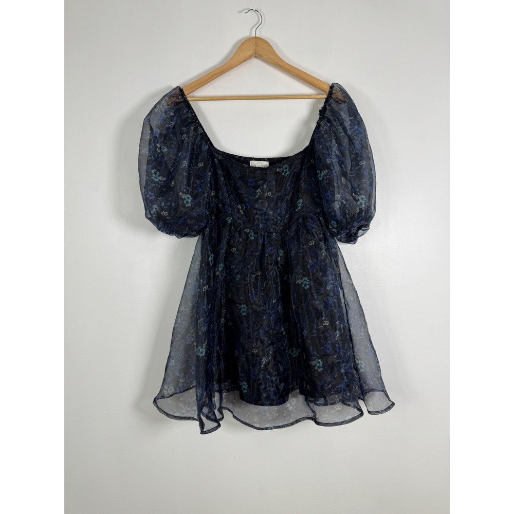 Whimsigoth Jun & Ivy Womens S Babydoll Dress Black Blue Floral Puff Sleeve Smock